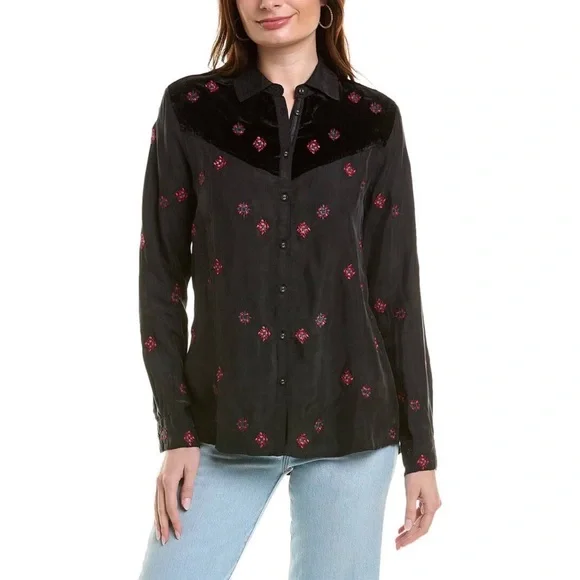 Johnny Was, Workshop, Maxine Western Embroidered Seamed Long Sleeve Shirt - Picture 11 of 16